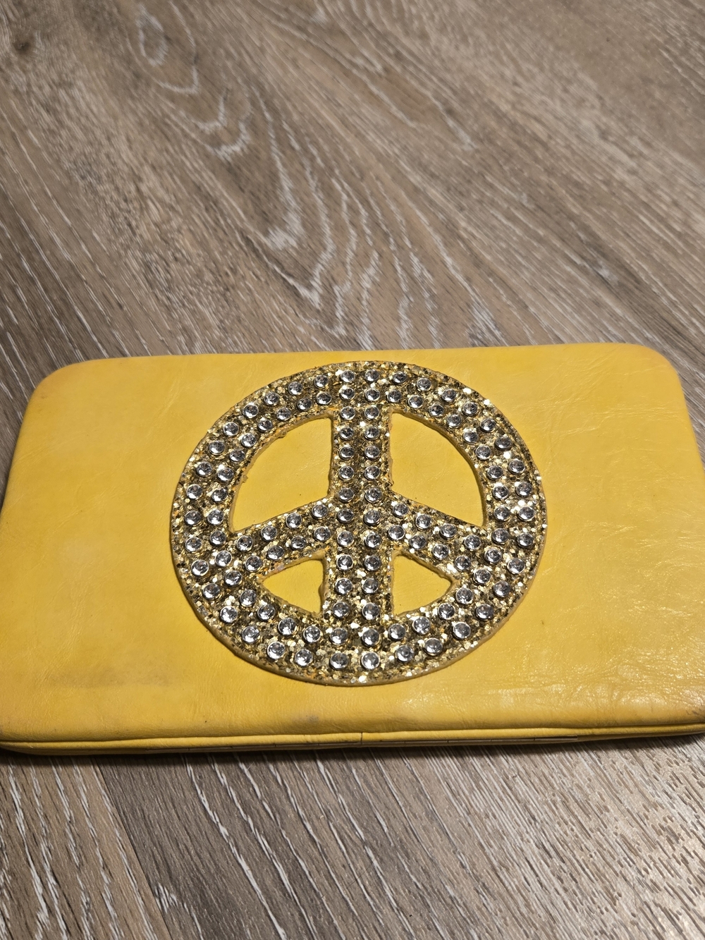 Vintage Yellow Crystal Peace Sign Clutch Wallet With Bling - Women Accessories